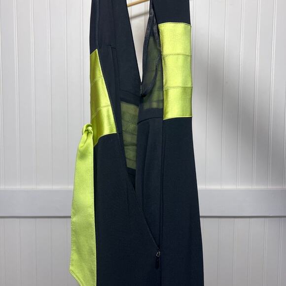 Kay Unger NY Black V-Neck Midi Sheath Sleeveless Cocktail Dress Green Satin Sash - Picture 10 of 12